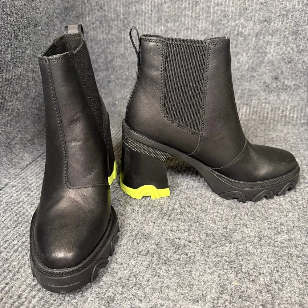 Sorel Brex Chelsea Boots Womens 5 Black Neon Green Lug Sole Platform Heel